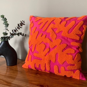 Punch Pillow , Hand Tufted Punch Needle Pillow Cover / Pink Orange Punch Pillow / Handmade Unique Embroidered Cushion Cover