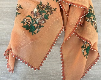 Turkish Floral Hand Painted Cotton Oya Scarf / 1980's Vintage Lace Scarf / Tan Color Traditional Turkish Needle Lace Yazma Yemeni