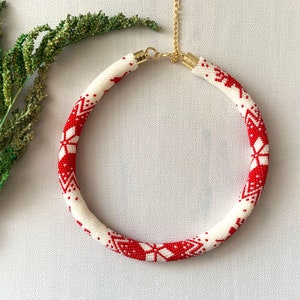 Red White Snowflake Crochet Necklace: Boho Christmas Beaded Choker