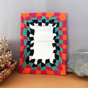 Handmade Tufted Mirror, Punch Needle Mirror, Multicolor Checkered Mirror, Psychedelics Unique Home Decor, Punch Needle Wall Art