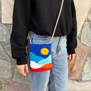 Punch Needle Bag / Punch Phone Bag / Punch Embroidered Mini Crossbody bag / MulticolorPunch Phone Bag Case With Strap Boho