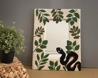 Handmade Tufted Mirror, Snake Pattern Punch Needle Mirror, Leaves and Snake Mirror, Natural Unique Home Decor, Punch Needle Wall Art