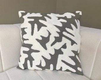 Punch Pillow , Hand Tufted Punch Needle Pillow Cover / Psychedelic Grey and White Punch Pillow / Handmade Unique Embroidered Cushion Cover