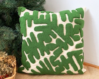 Punch Pillow , Hand Tufted Punch Needle Pillow Cover / Psychedelic Green Punch Pillow / Handmade Unique Embroidered Cushion Cover