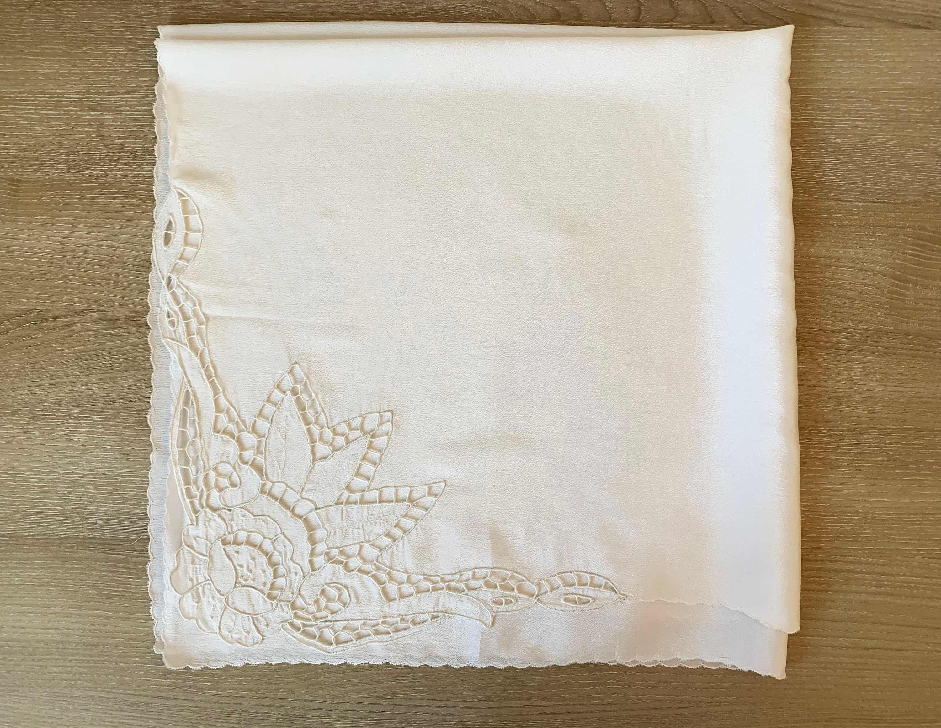 Vintage French Table Topper With Cutwork Embroidery / 1980's Sateen