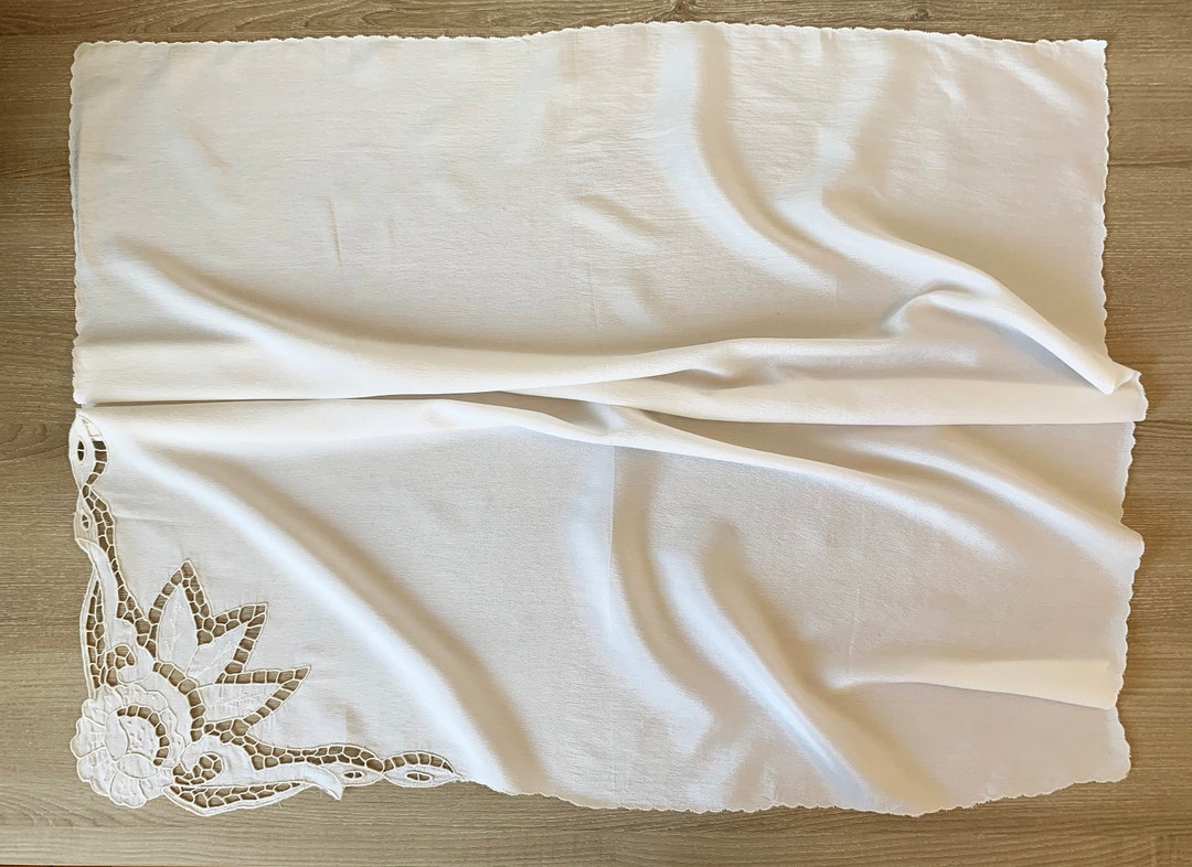 Vintage French Table Topper With Cutwork Embroidery / 1980's Sateen