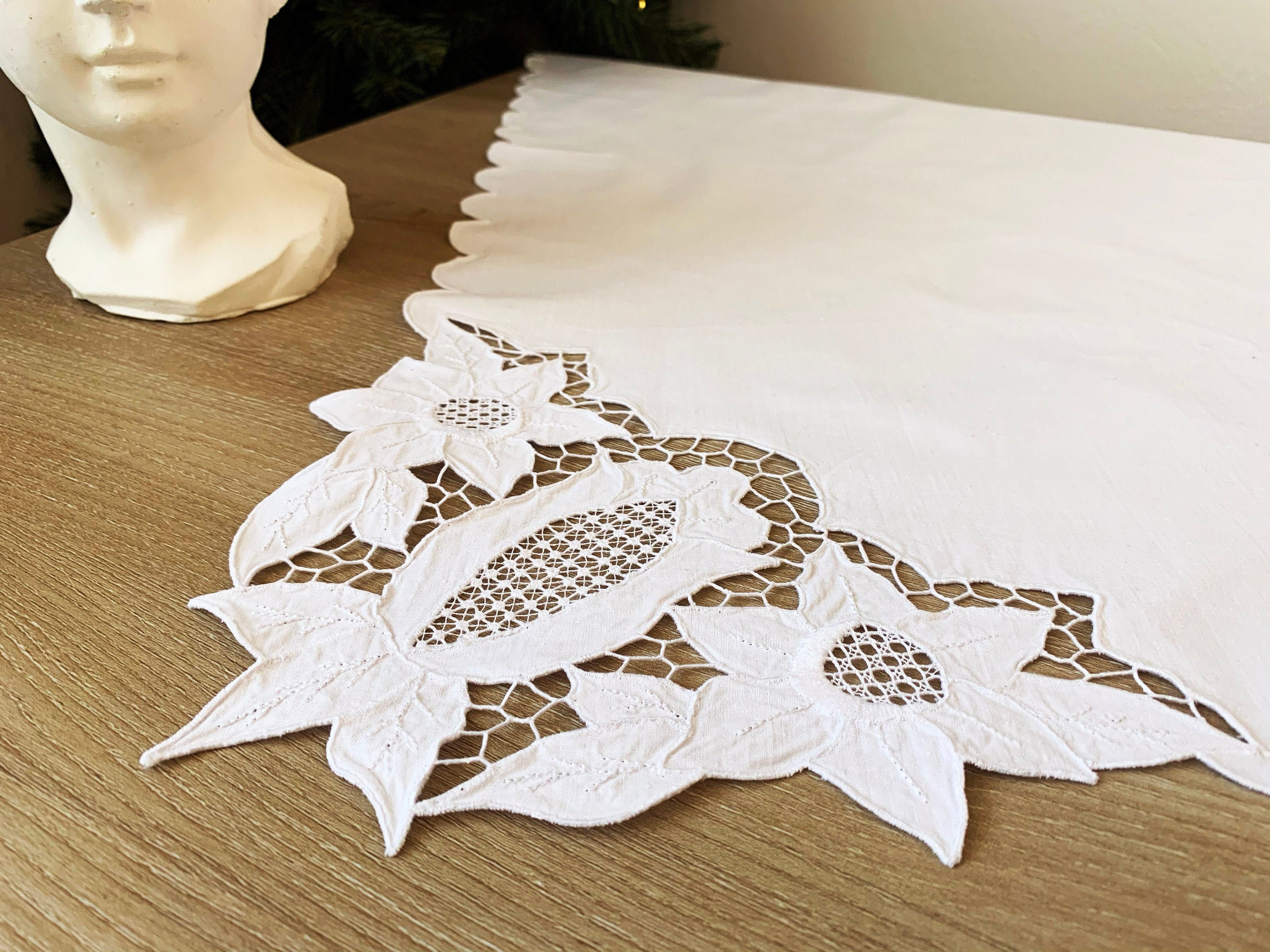 Vintage French Table Topper With Cutwork Embroidery / 1980's Cutwork