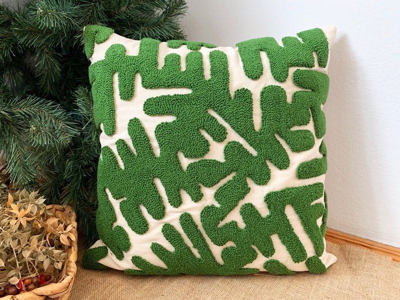 Punch Pillow , Hand Tufted Punch Needle Pillow Cover / Psychedelic Green Punch Pillow / Handmade Unique Embroidered Cushion Cover image 1