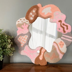 Handmade Tufted Mirror, Modern Round Punch Needle Mirror, Pastel Pink Melting Mirror, Psychedelics Unique Home Decor, Punch Needle image 1