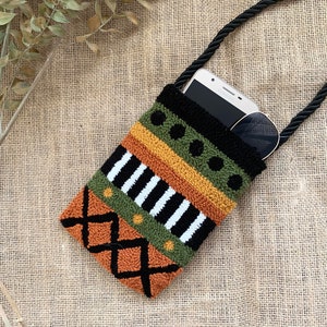 Punch Needle Bag / Punch Phone Bag / Punch Embroidered Mini Crossbody bag / Kilim Tribal  Punch Phone Bag Case With Strap Boho