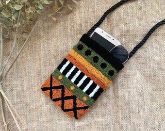 Punch Needle Bag / Punch Phone Bag / Punch Embroidered Mini Crossbody bag / Kilim Tribal  Punch Phone Bag Case With Strap Boho