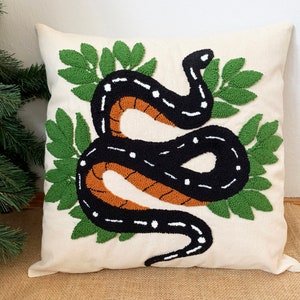 Snake Punch Pillow , Hand Tufted Punch Needle Pillow Cover , Black Snake Punch Pillow , Handmade Unique Embroidered Cushion Cover