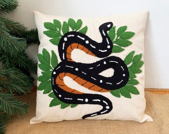 Snake Punch Pillow , Hand Tufted Punch Needle Pillow Cover , Black Snake Punch Pillow , Handmade Unique Embroidered Cushion Cover