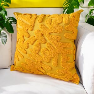 Hand Tufted Yellow Pillow Cover: Embroidered Punch Needle Cushion