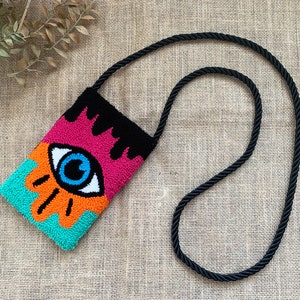 Punch Needle Bag / Punch Phone Bag / Punch Embroidered Mini Crossbody bag / Evil Eye Punch Phone Bag Case With Strap Boho