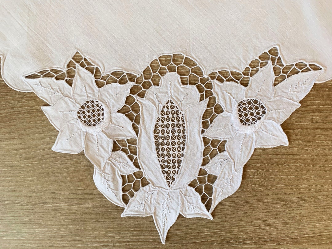 Vintage French Table Topper With Cutwork Embroidery / 1980's Cutwork