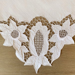 Vintage French Table Topper With Cutwork Embroidery / 1980&#39;s Cutwork Lace Table Linen  / White Sateen Fancy Tablecloth / Battenburg Lace