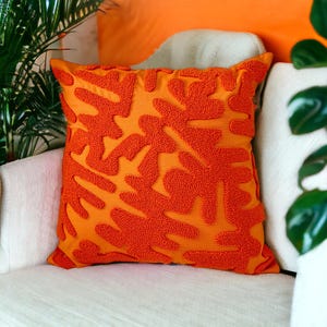 Orange Punch Pillow , Hand Tufted Punch Needle Pillow Cover / Psychedelic Orange Punch Pillow / Handmade Unique Embroidered Cushion Cover