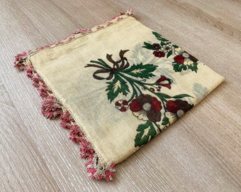 Turkish Floral Cotton Oya Scarf / Vintage Traditional Yazma / Beige Handcrochet Needle Lace Burgundy Yemeni Oya Shawl