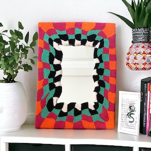 Handmade Tufted Checkered Mirror: Psychedelic Punch Needle Wall Art