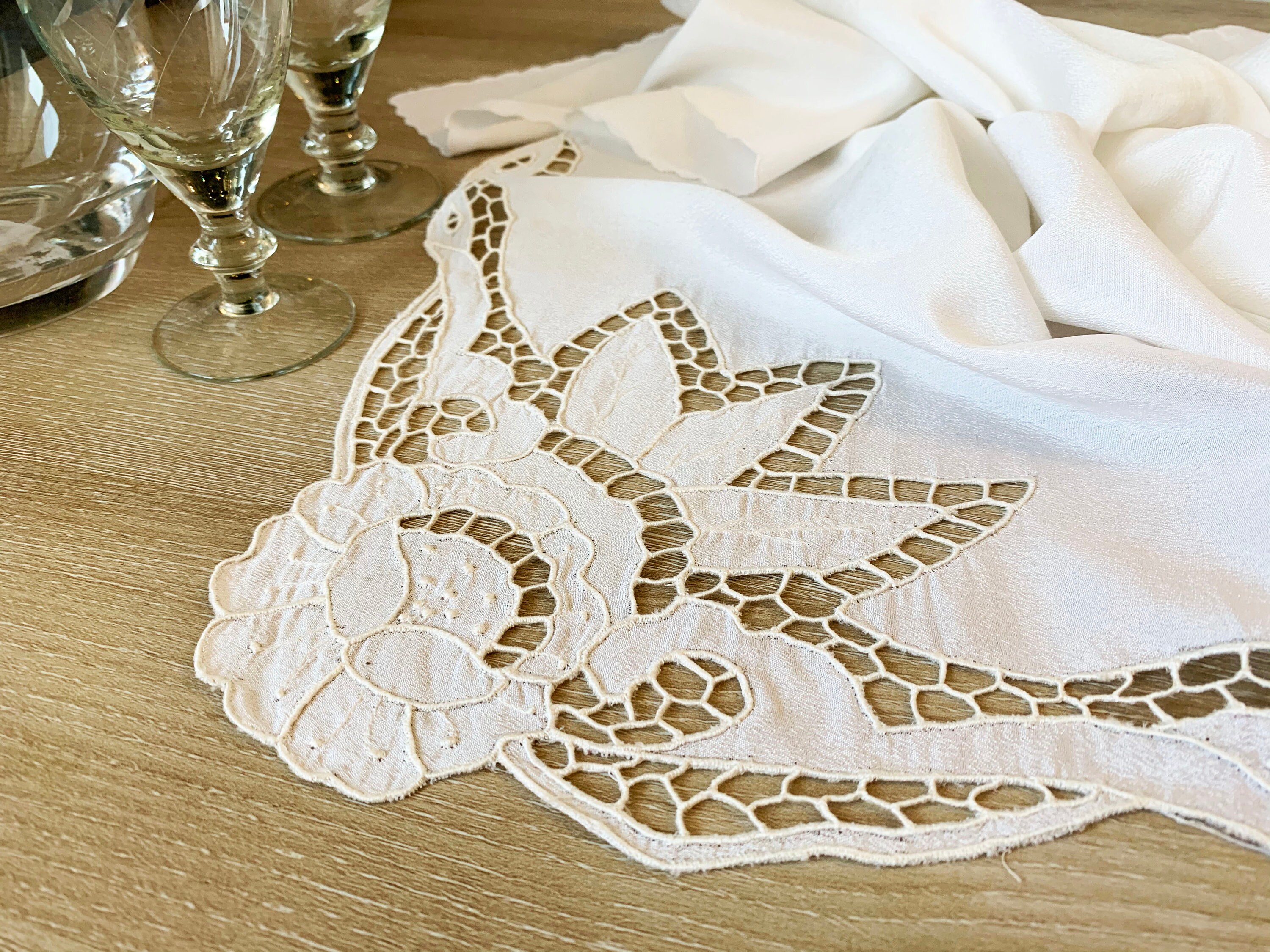 Vintage French Table Topper With Cutwork Embroidery / 1980's Sateen
