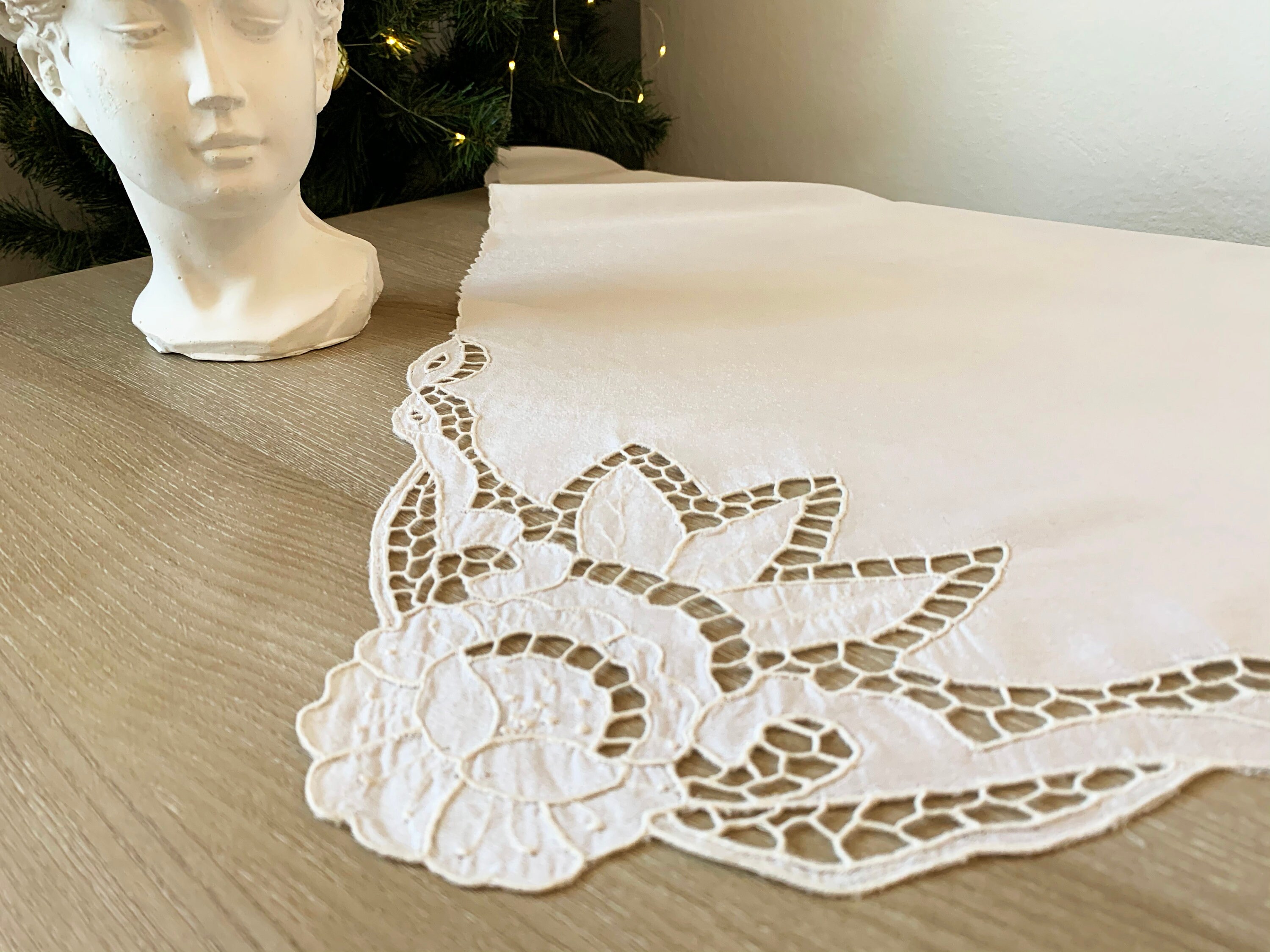 Vintage French Table Topper With Cutwork Embroidery / 1980's Sateen