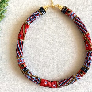 Red Aztec Beaded Crochet Necklace: Ethnic Tribal Boho Jewelry