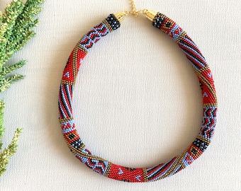 Red Aztec Beaded Crochet Necklace: Ethnic Tribal Boho Jewelry