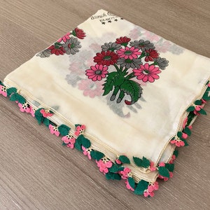 Vintage Floral Hand-Painted Cotton Scarf: Turkish Oya Lace, 1980s Yazma