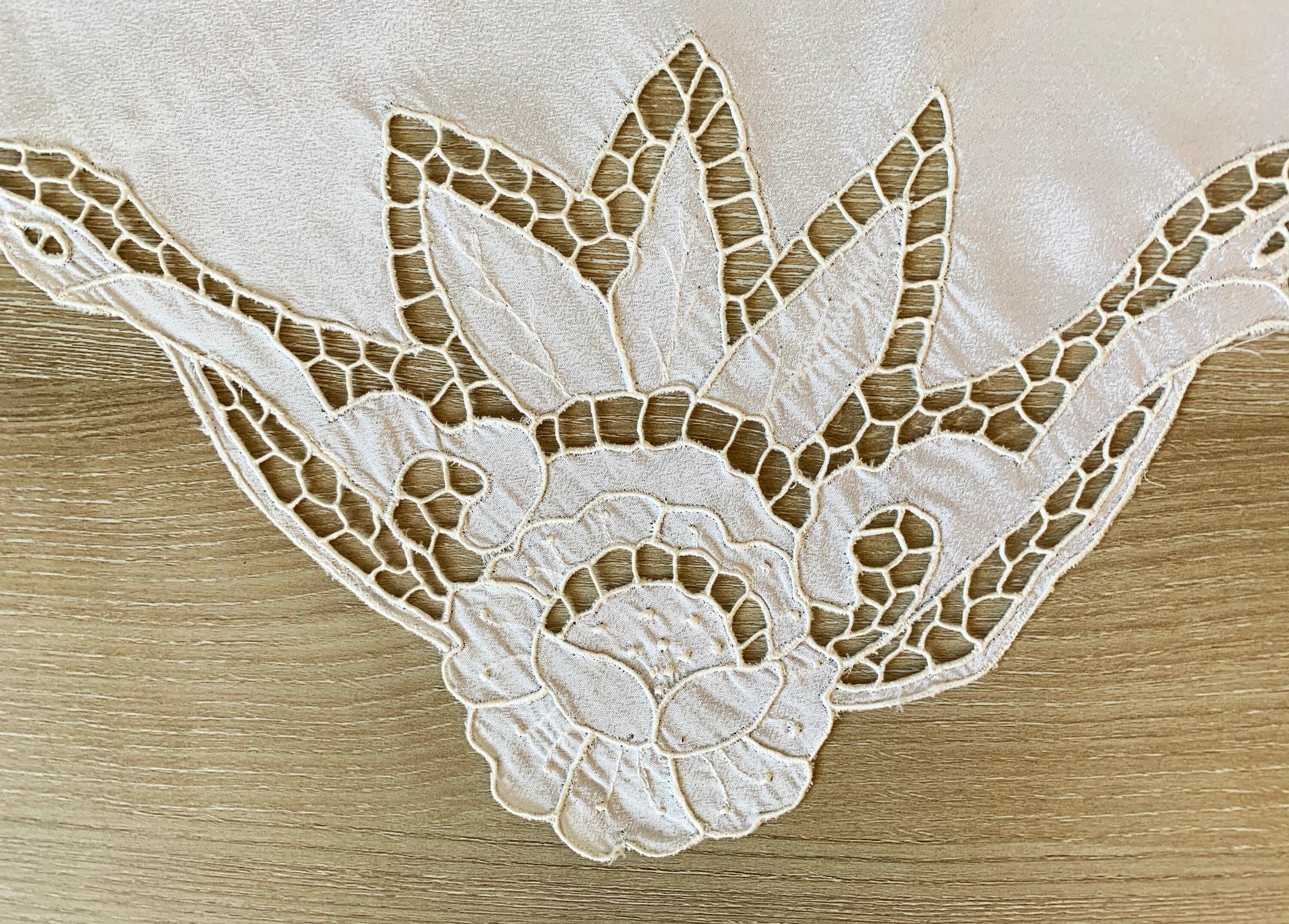 Vintage French Table Topper With Cutwork Embroidery / 1980's Sateen