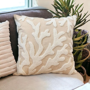 Hand Tufted Coral Pillow Cover: White Embroidered Cushion
