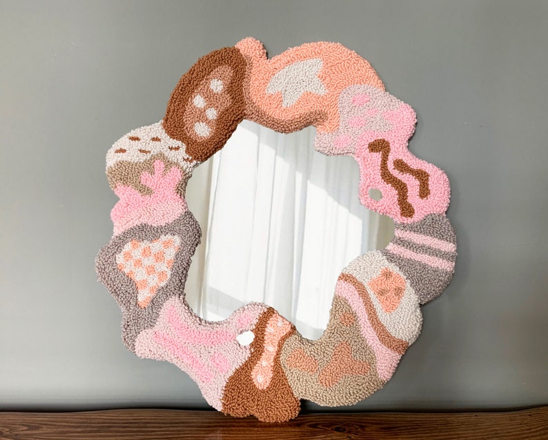 Handmade Tufted Mirror, Modern Round Punch Needle Mirror, Pastel Pink Melting Mirror, Psychedelics Unique Home Decor, Punch Needle image 5