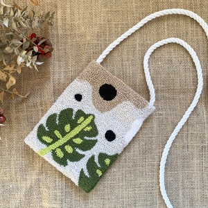 Punch Needle Bag / Punch Phone Bag / Punch Embroidered Mini Crossbody bag / Leaf Pattern Punch Phone Bag Case With Strap Boho
