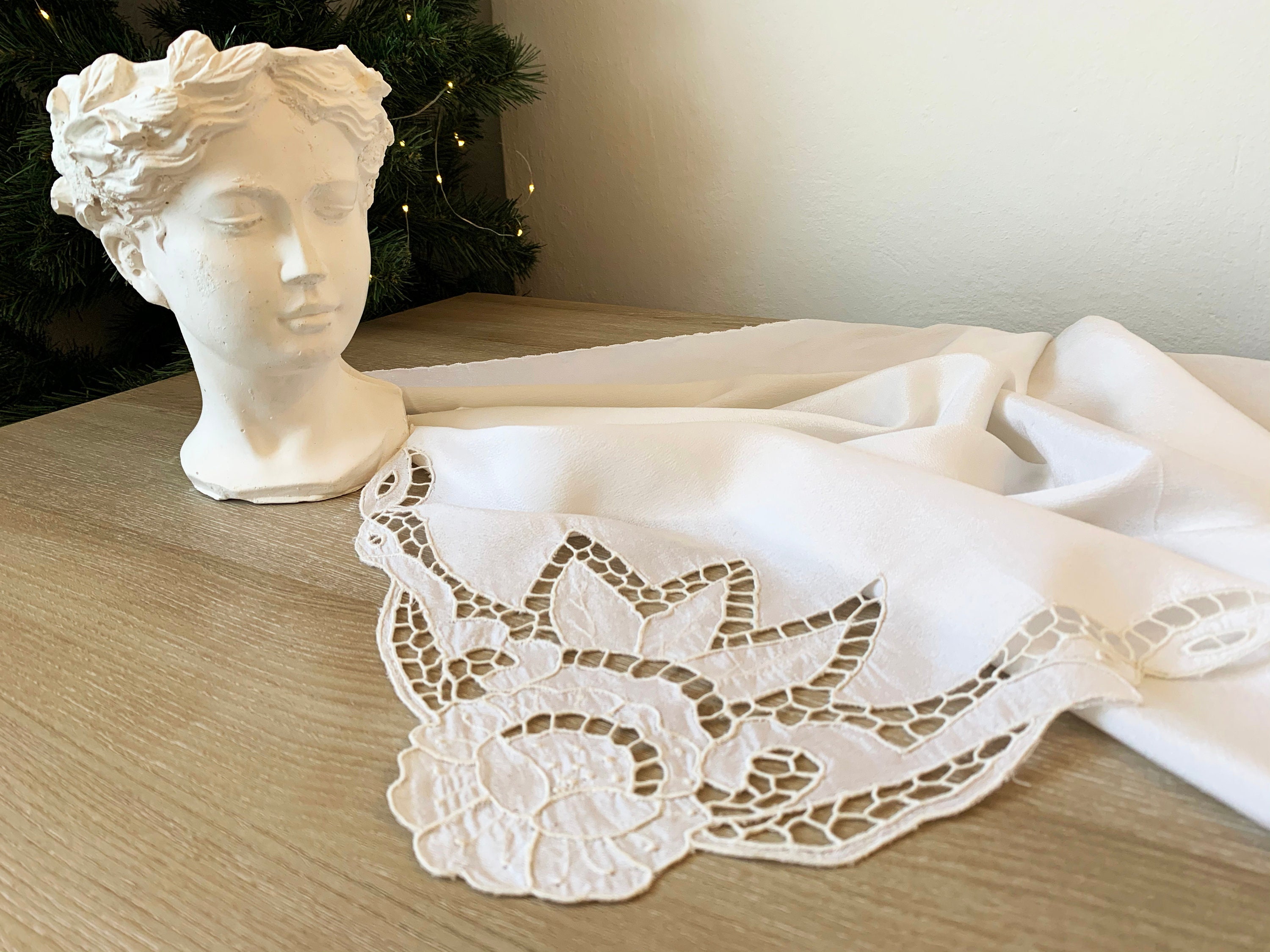 Vintage French Table Topper With Cutwork Embroidery / 1980's Sateen