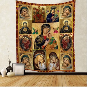 Virgin Mary Tapestry Orthodox Icons Print Byzantine Art Wall Hanging Blessed Mother Mary with a Child Fabric Tapestries for Home Decoration