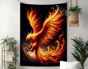 May include: A tapestry featuring a fiery phoenix with orange, yellow, and red flames against a black background. The phoenix is in flight with its wings spread wide.