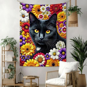 黒猫のタペストリー | 花柄猫の壁掛け | カラフルな花の装飾 | 気まぐれなペットアート | ユニークなホームギフト