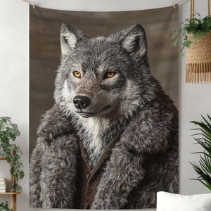 Mr Wolf 壁掛けタペストリー、ファンタジーデザインのユニークな動物タペストリー、寝室用の風変わりな壁装飾、グレー、ブラウン、ブラック
