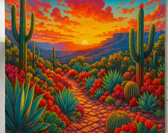 Tapiz de cactus al atardecer en el desierto: vibrante arte mural del suroeste con suculentas y un sendero al atardecer, decoración bohemia colorida para amantes de la naturaleza.