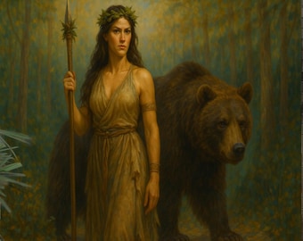 Puede incluir: Un gran tapiz que representa a una mujer con un vestido dorado, sosteniendo una lanza, junto a un gran oso pardo en un bosque. La mujer lleva una corona de laurel. La obra de arte se exhibe sobre un sofá rojo.