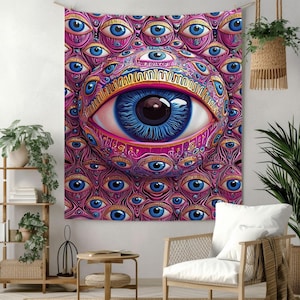 Tapisserie qui voit tout, tenture murale psychédélique, art visionnaire, tapisserie du troisième oeil, oeuvre d'art colorée pour les yeux, tapisserie oeil de la Providence