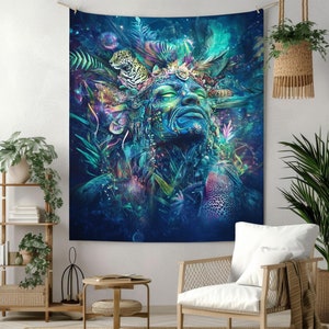 Shamanic Tapestry Wall Hanging - Mystical Jungle Spirit Art - Large Psychedelic Shaman Tapestries for Bedroom, Living Room, Meditation Decor