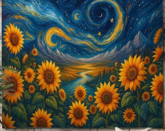 May include: A large tapestry featuring a vibrant painting of sunflowers under a swirling night sky with stars and a crescent moon. The artwork has a warm color palette of yellow, orange, and blue, creating a serene and artistic ambiance.