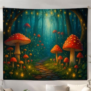 Whimsical Mushroom Forest Tapestry with Fireflies – Cottagecore Wall Art for Nature Lovers, Fairycore Aesthetic, Enchanted Woods Decor