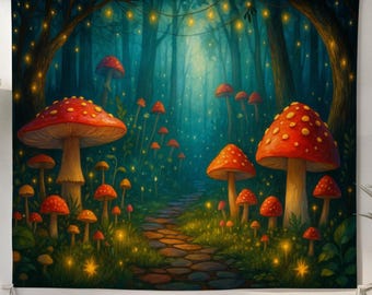 Könnte beinhalten: Ein Wandteppich mit einer skurrilen Waldszene mit großen roten und weiß gepunkteten Pilzen. Ein Steinweg führt durch den leuchtenden, verwunschenen Wald. Das Kunstwerk wird von Grün-, Blau- und Orangetönen dominiert.