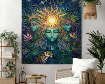Goddess of the Sun Tapestry Wall Hanging - Mystical Jungle Spirit Art - Large Spiritual Tapestries for Bedroom, Living Room Meditation Decor