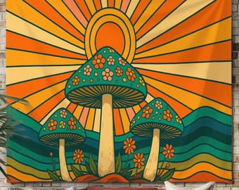 Retro Mushroom Sun Wall Tapestry, 70s Hippie Boho Room Decor, Psychedelic Groovy Wall Hanging, Vintage Flower Power Art