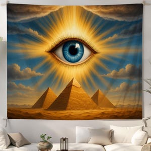 Tapisserie murale oeil mystique et pyramide – Symbolisme égyptien surréaliste, art du troisième œil pour décoration bohème, méditation ou espaces ésotériques