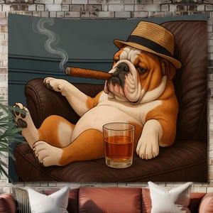 Funny Bulldog Tapestry with Cigar and Whiskey, Cool Dog Wall Hanging for Man Cave Decor, Humorous Tapestries for Dorm or Lounge Aesthetic