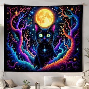 Mystical Cat Wall Tapestry, Colorful Indoor Decor, Boho Wall Hanging, Cat Lover Gift, Celestial Home Decor, Dorm Room Art